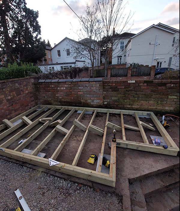 groundworks and base frame for stage one of birmingham garden room construction