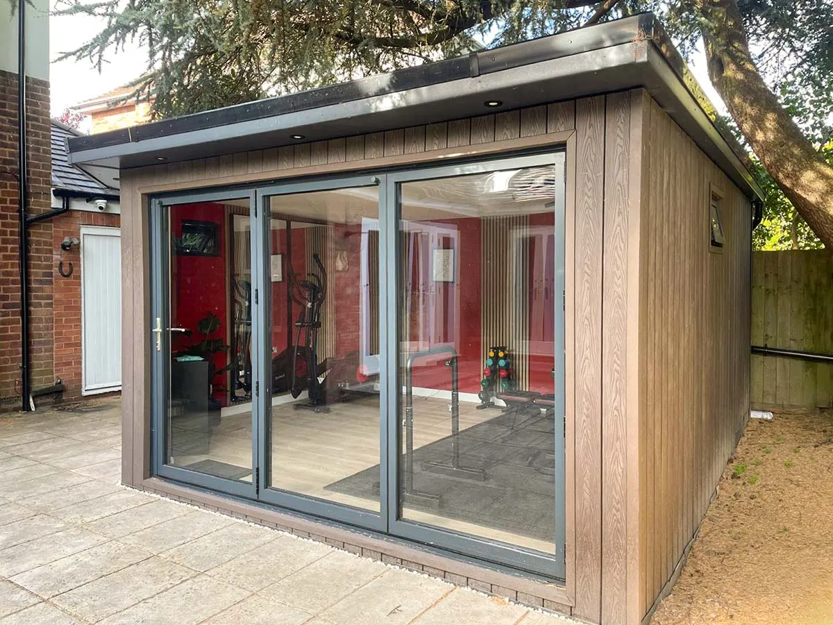 exterior of garden room gym in Leamington Spa by dpm garden rooms