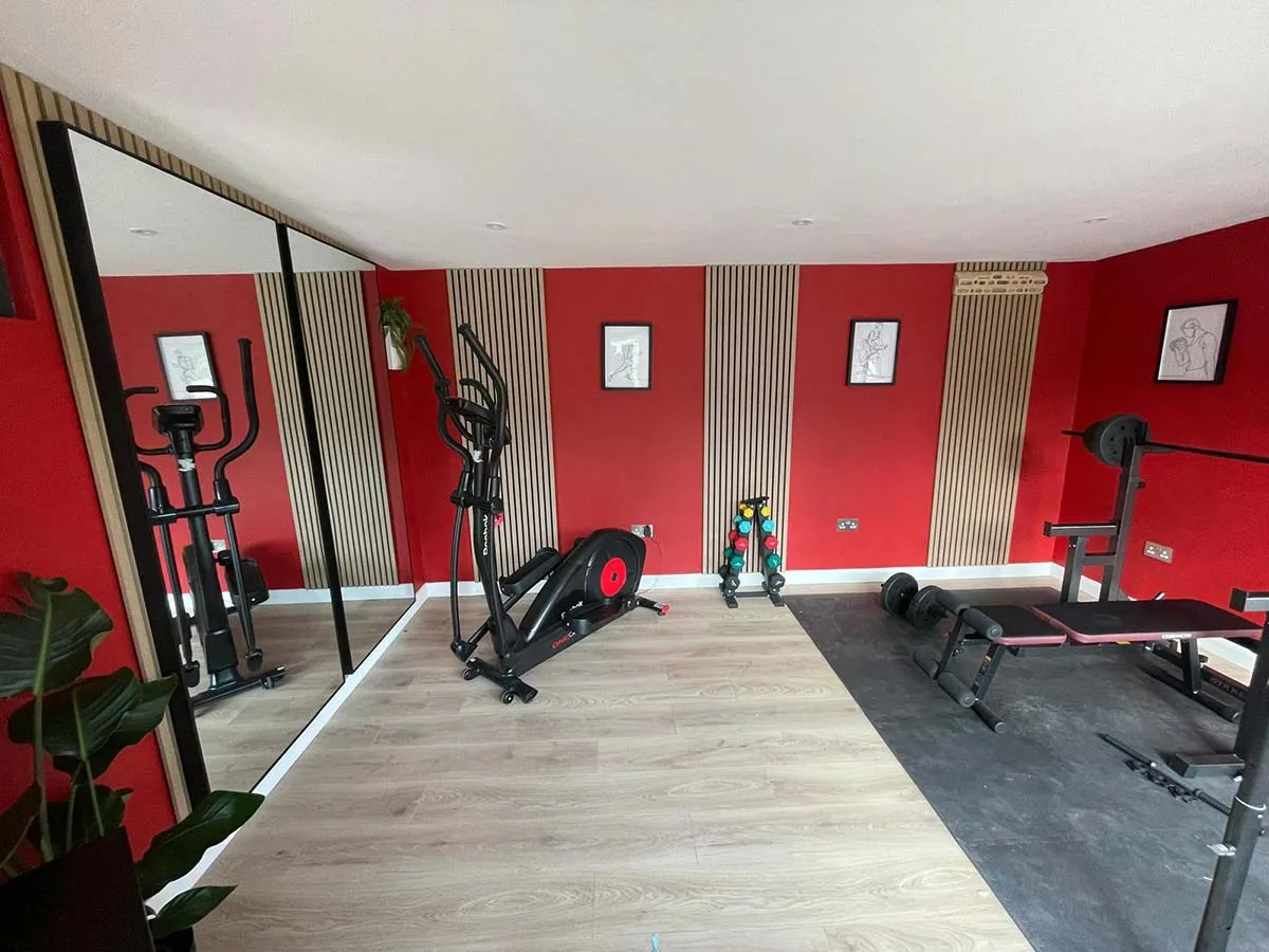 luxury garden gym interior in garden room in warwickshire